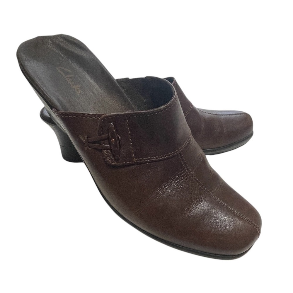 Clarks Leather Mule Heels Women Brown Slip On Low Wedge Round Toe Comfort
